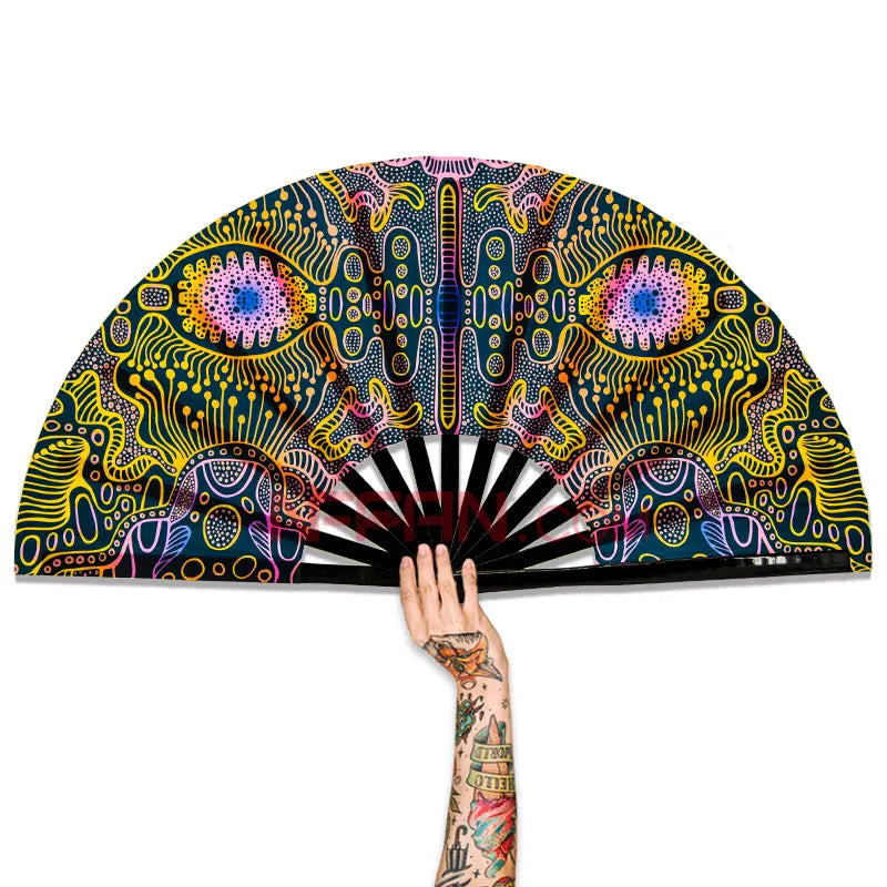 Customizable UV Reflective 33CM Large Folding Bamboo Handheld Clack Fan for Rave Party Festival Freaky Dance