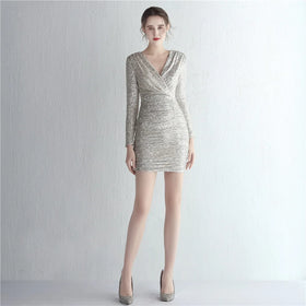 19179#new Short Party Party Little Fairy Beaded Long Sleeve Banquet Evening Dress Female