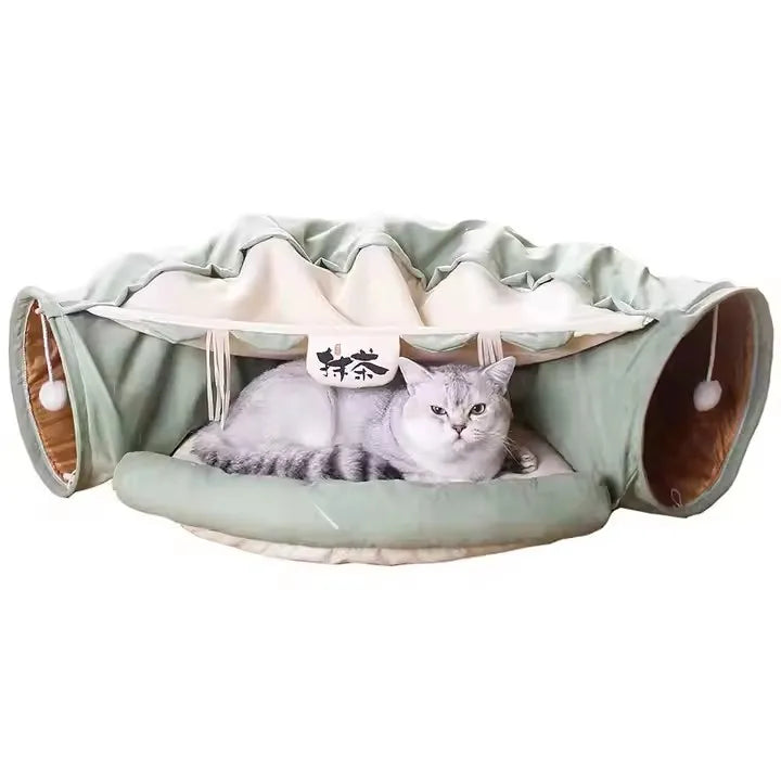Luxury Eco-Friendly Polyester Cat Tunnel with Collapsible Washable Bed Cushion 126x27cm for Indoor Cats