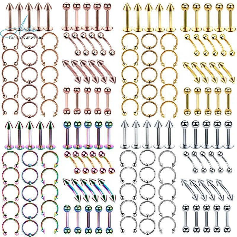 60Pcs/Set Body Jewelry Piercing Lot Stainless Steel Nose Lip Tongue Eyebrow Tragus Body Piercing Navel Belly Ring Barbells