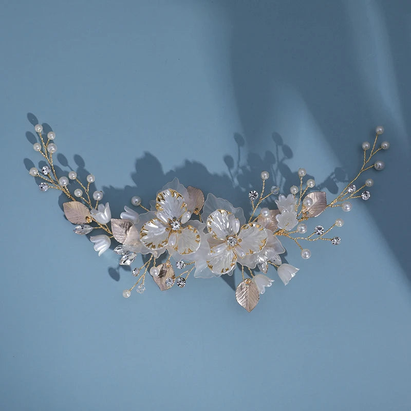 Handmade Engagement Wedding Crystal Rhinestone Resin Leaf Headdress Vine Accessories Pearl Bridal Hair Clips for Girls