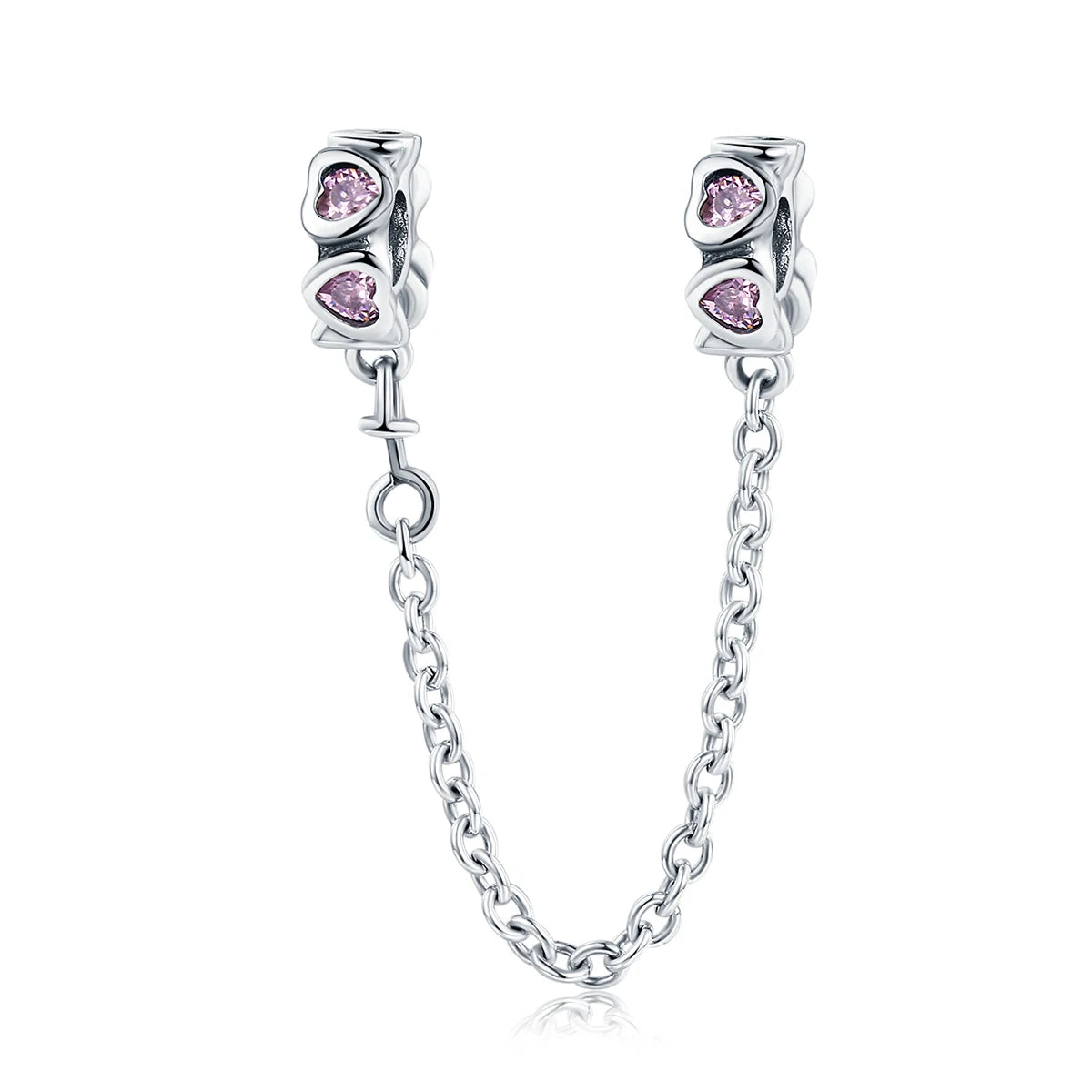 Wholesale 925 Sterling Silver Sweet Inspiration Pink Heart Safety Chain Stopper Charm Fit Charm Bracelet DIY Jewelry SCC562