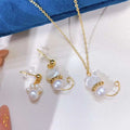 Cute Cat Pearl Jewelry Set 3-8mm Natural White Freshwater Mother Shell Gold Plated Engagement Necklace Earring for Parties Gifts