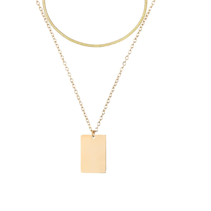 Hot-selling 316L Stainless Steel Geometric Double Layered Rectangle Pendant Herringbone Snake Chain Necklace Set