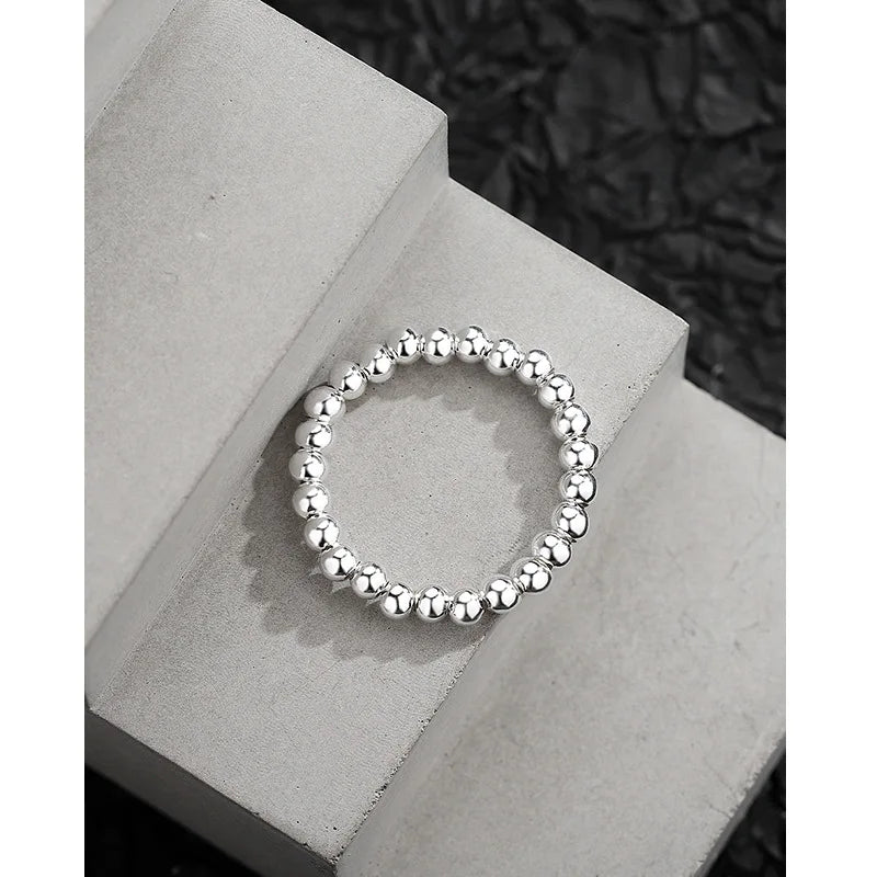Simple S925 Sterling Silver Ring Female Elastic Hand Beaded Round Bead China Vintage Beaded Silver Rings