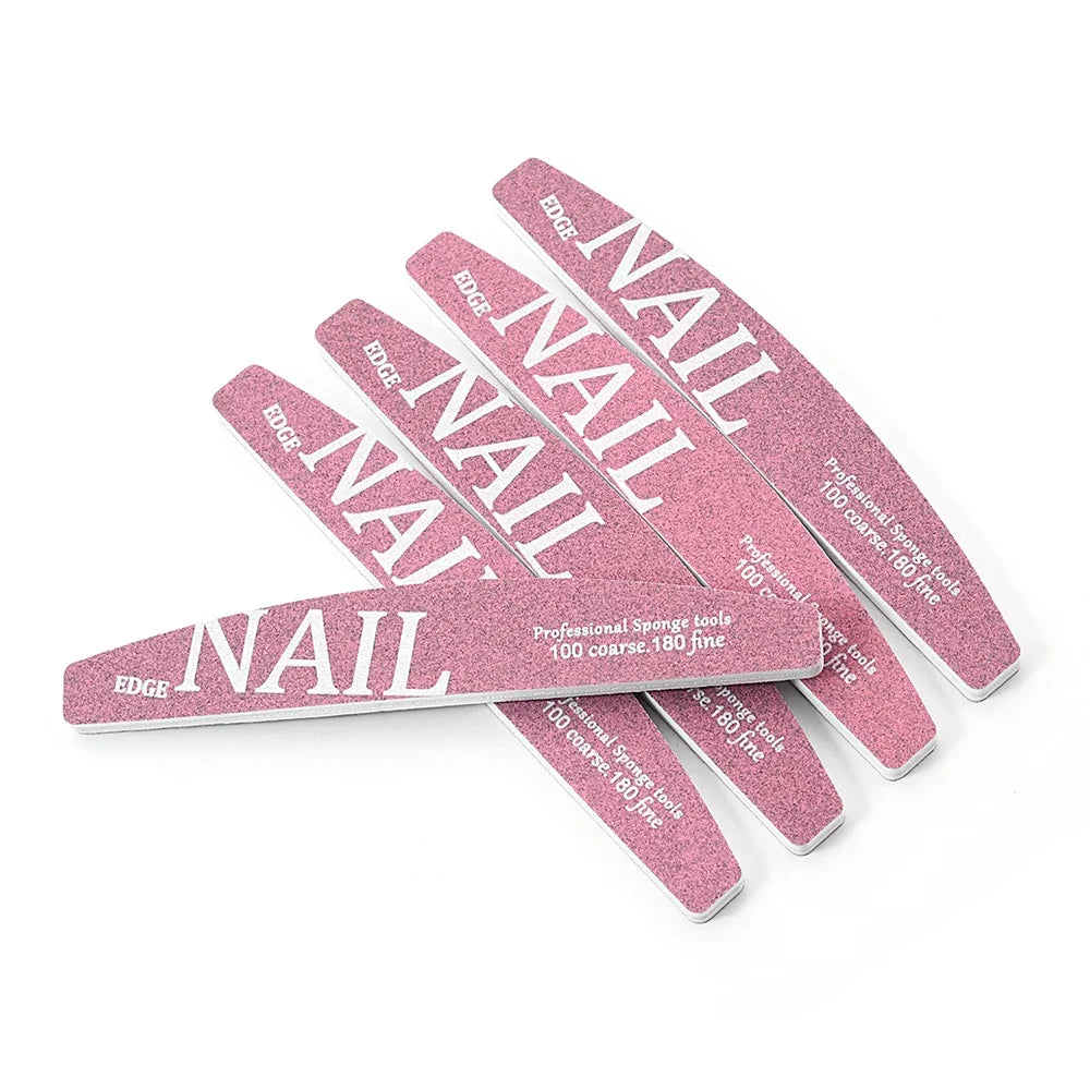 Custom Logo Half Moon Nail Files 100/180 Thick Pink Double Side Buffer Sanding Block for Grinding Finger Nails Made Emery