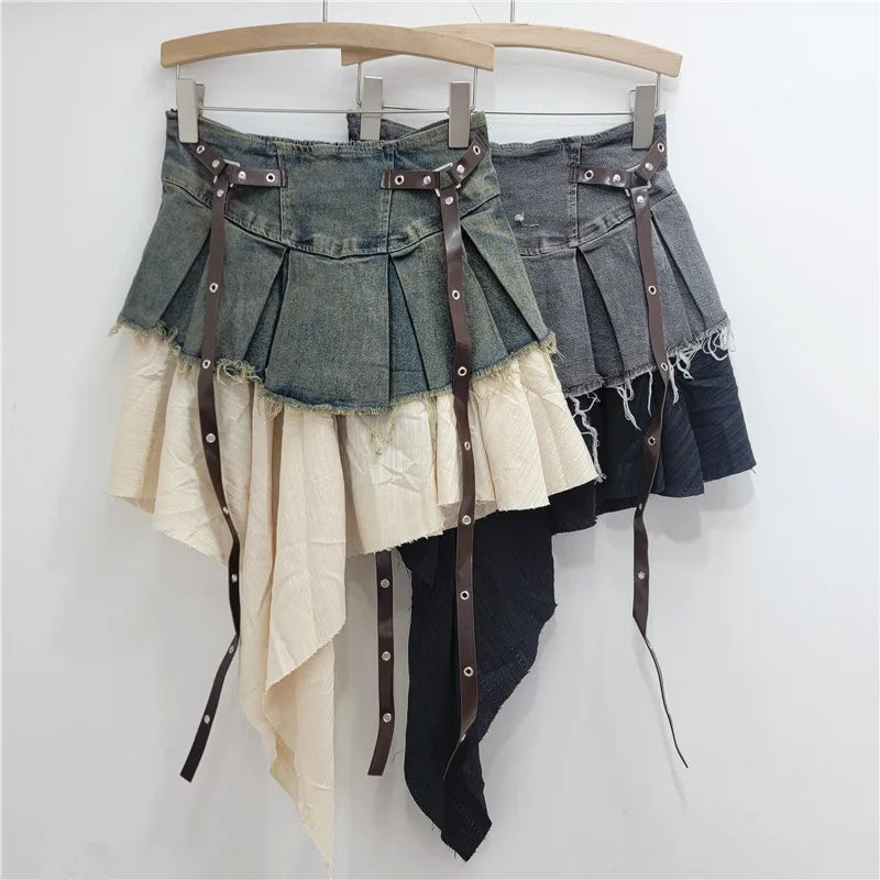 Summer New Arrivals Women Fashion Mid Waist Patchwork Belt Design Denim Mini Skirts Women Casual Dress