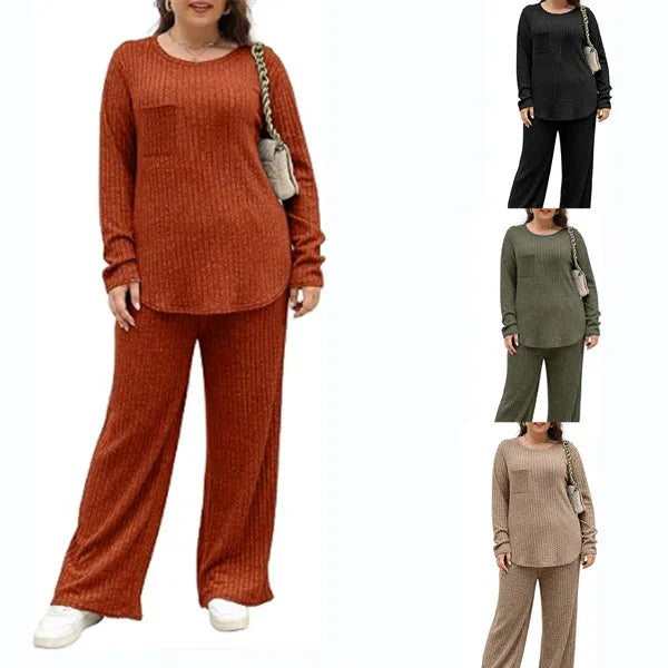 Spring Fall Casual Embroidered Plus Size Women's Loose Fit Two Piece Loungewear Sets with T-Shirt and Long Pants