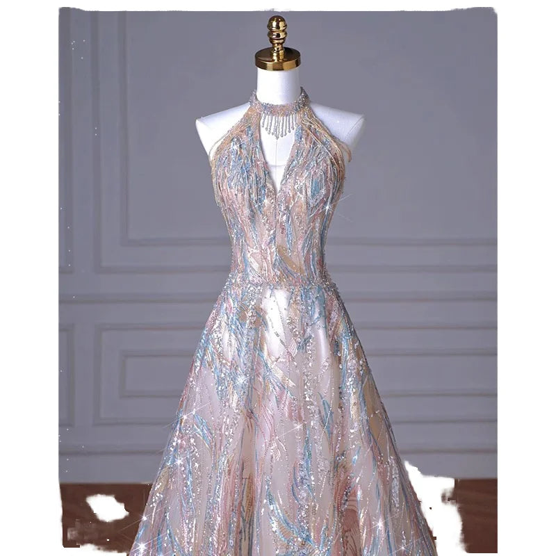 2025 Modern Luxury Beaded Halter Evening Wedding Party Dress High-end Bride Banquet Asymmetrical A-Line Anti-Wrinkle Elegant