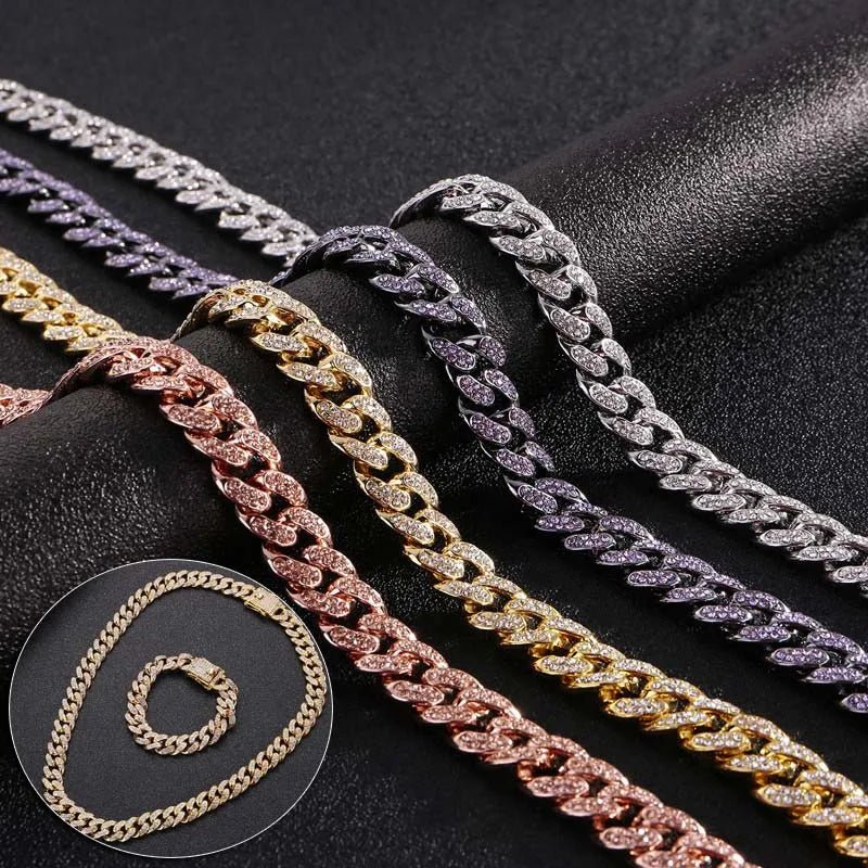 Mens Hip Hop Rapper Jewelry 7" to 31" Pink Silver Gold 13mm Curb Chain Iced Out Diamond Miami Cuban Chain Necklace and Bracelet