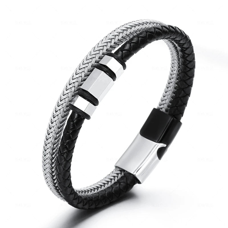 YK Hot Sale Stainless Steel Simple Steel Bracelet Men Leather Magnetic Buckle Titanium Steel Bracelet