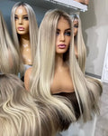 European Human Hair Full Lace Wig Natural Hairline Highlights Blonde Platinum Color Transparent Lace Front Wig for White Women