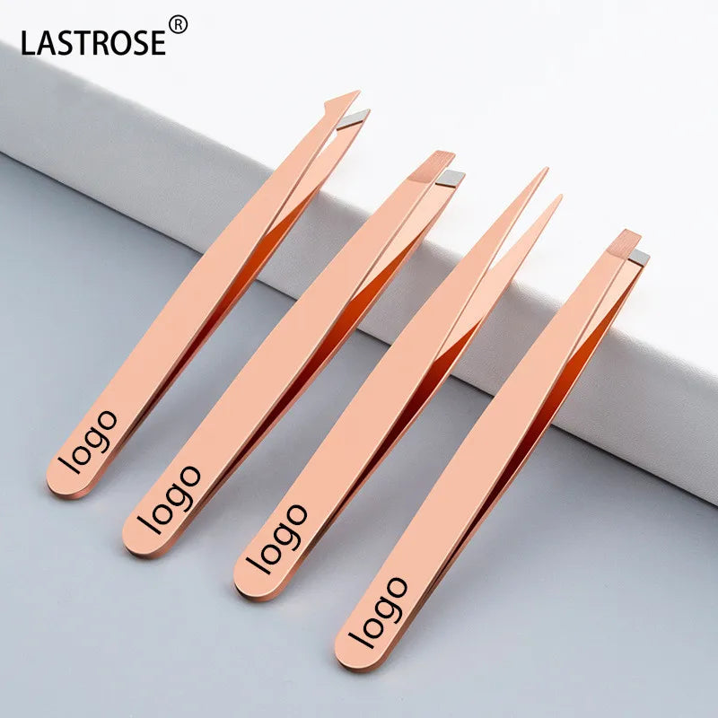 Private Label Stainless Steel Rose Gold Eyelash Tweezers Fiber Tip Tweezers Hair Removal Eyebrow Tweezers