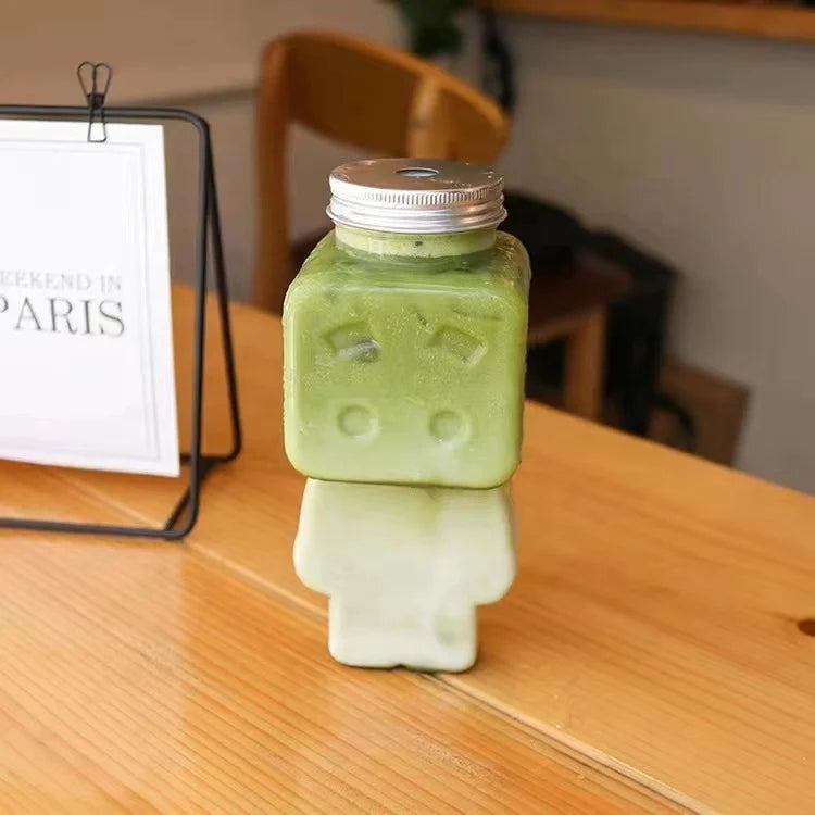 Custom Screen Printed 500ml Square PET Bottle for Milk Tea Juice Whisky Soda & Champagne with Robot Puppet Man Design Low MOQ
