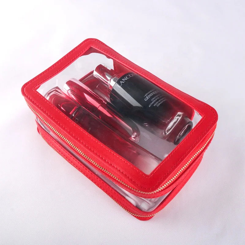 Double Layer Transparent Red Eco-Friendly Water Resistant PVC Portable Zipper Normcore/Minimalist Cosmetic Bags for Lady