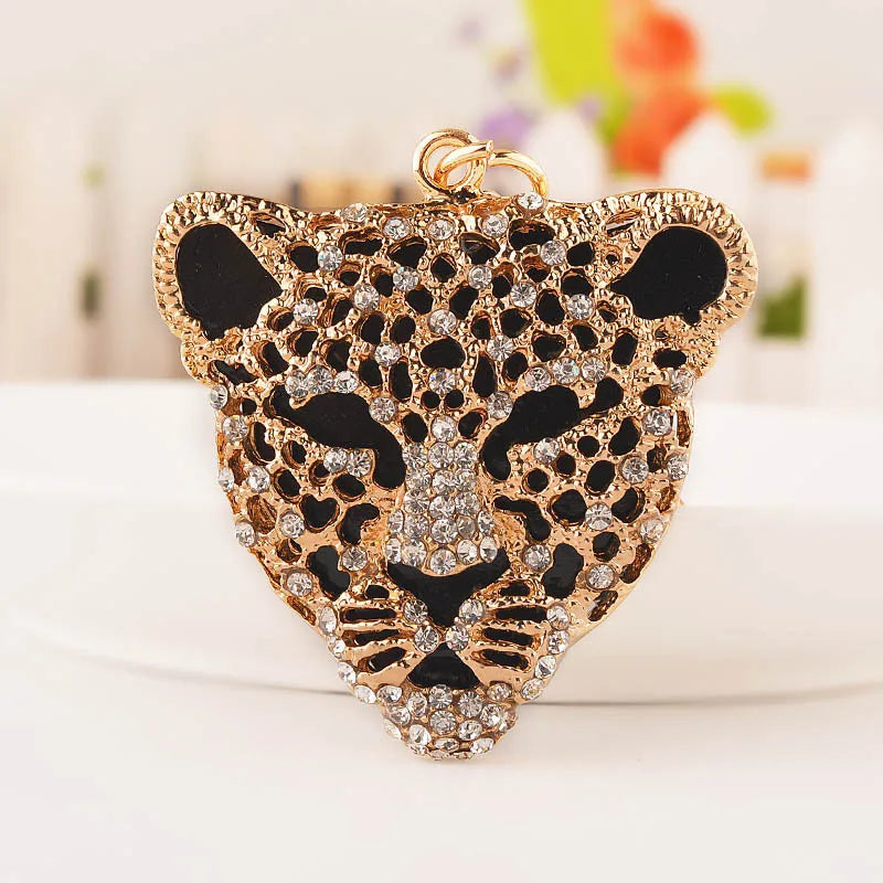 Wholesale Diamond Animal Leopard Purse Key Rings Rhinestone Crystal Leopard Head Keychain for Gift