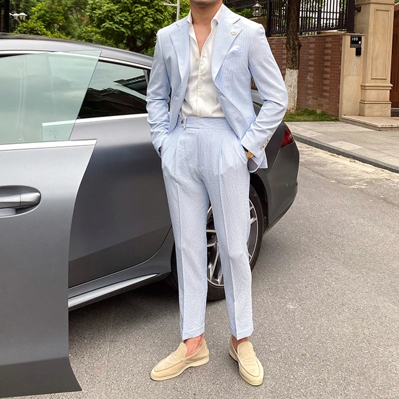 Summer Fashion City Thin Money Casual Blue Striped Men's Suit With Flat Lapel and Single-breasted Men's Two Piece Suit.