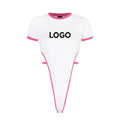 Custom Logo Contrast Trim Short Sleeve Bodysuit Women White Pink Ringer Tee Thong Leotard for Summer Streetwear Bodysuit