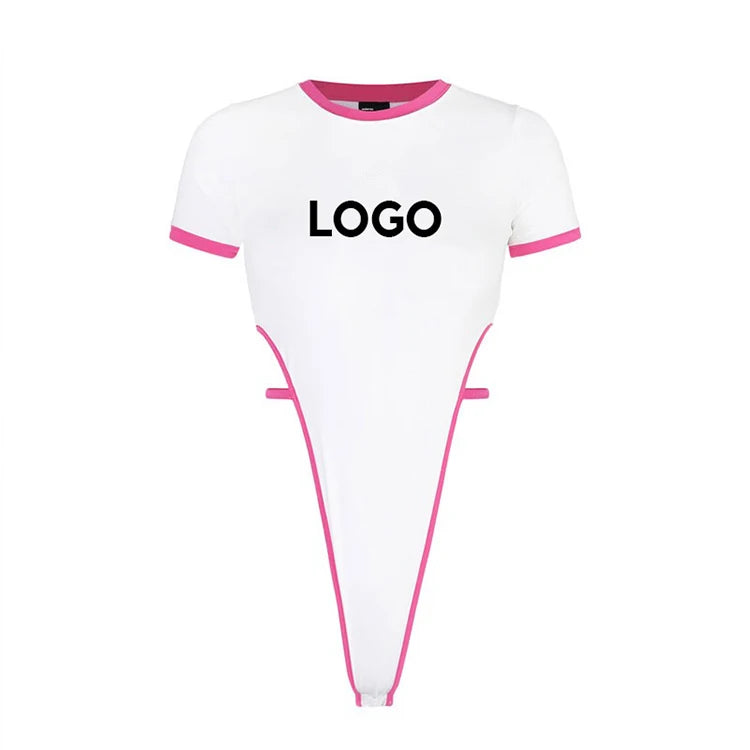 Custom Logo Contrast Trim Short Sleeve Bodysuit Women White Pink Ringer Tee Thong Leotard for Summer Streetwear Bodysuit