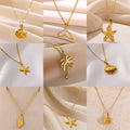 Ocean Style Women 18k Gold Plated Stainless Steel Fish Tail Starfish Coconut Pendant Necklace Beach Shell Conch Necklace