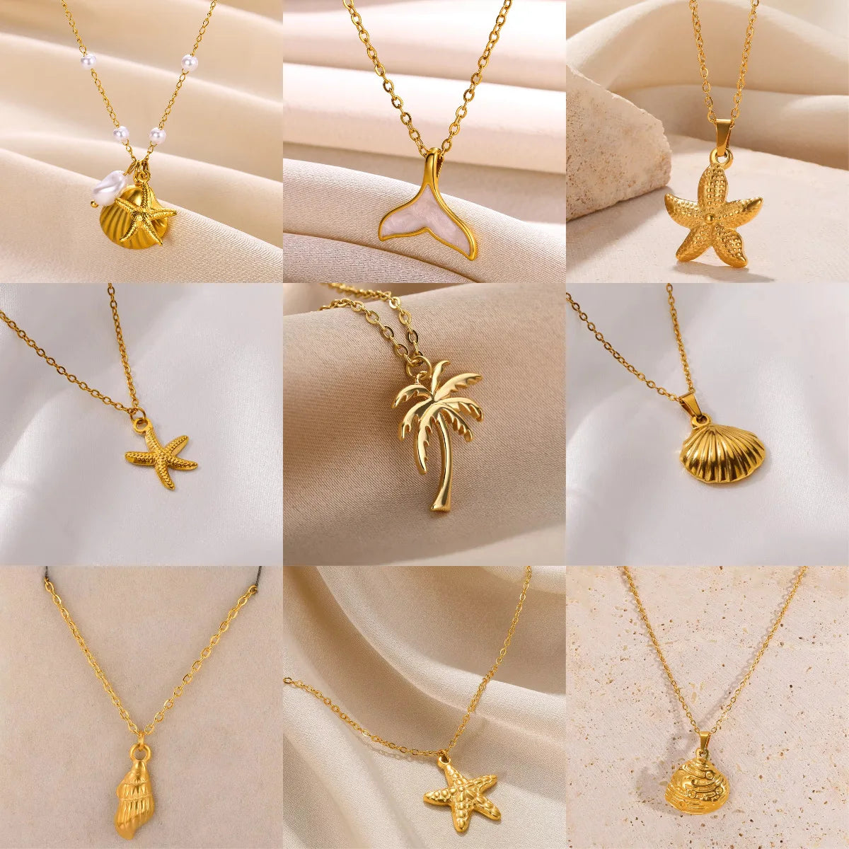 Ocean Style Women 18k Gold Plated Stainless Steel Fish Tail Starfish Coconut Pendant Necklace Beach Shell Conch Necklace