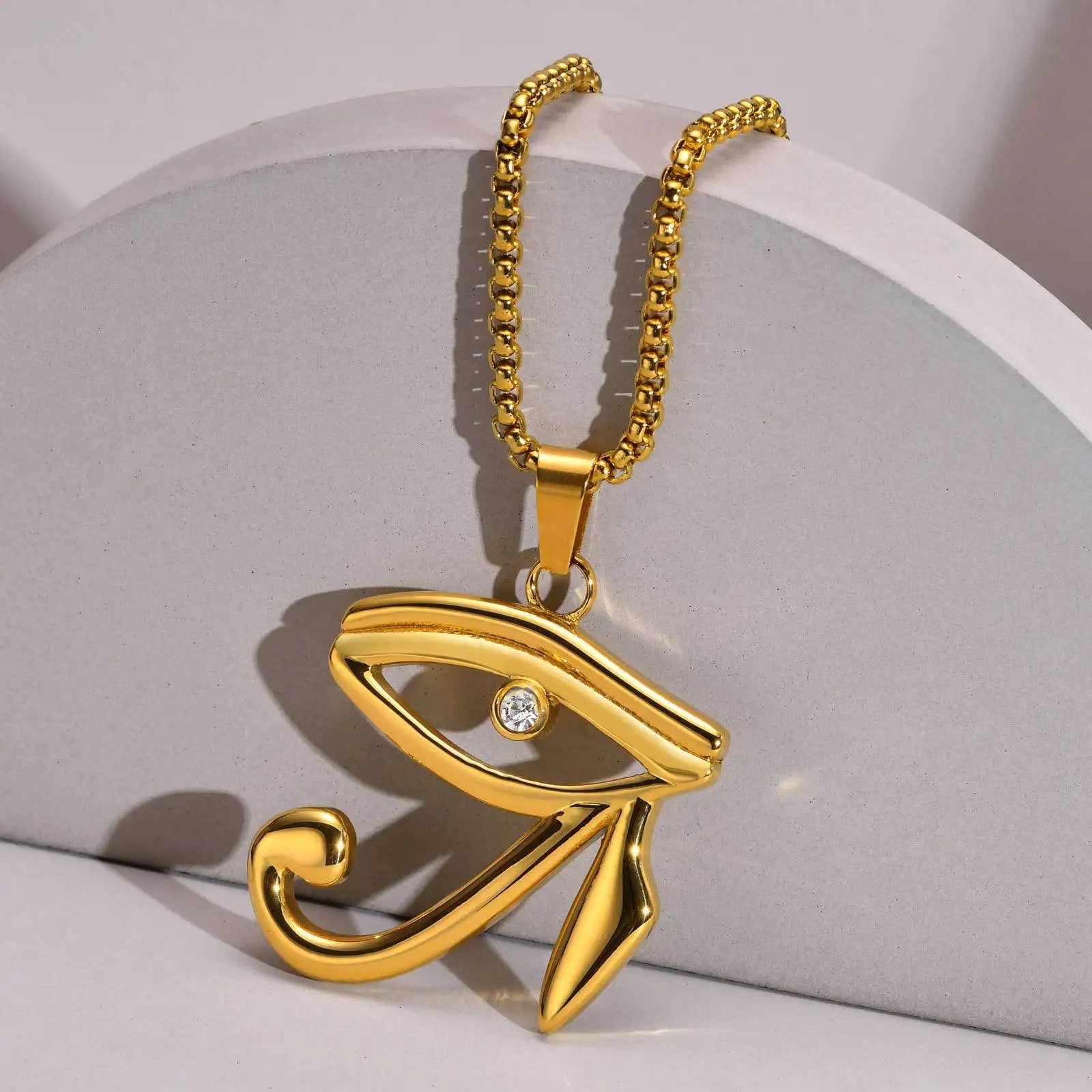 Vintage Stainless Steel 18k Gold Plated Ancient Egyptian Eye of Horus Zircon Pendant Necklace Jewelry