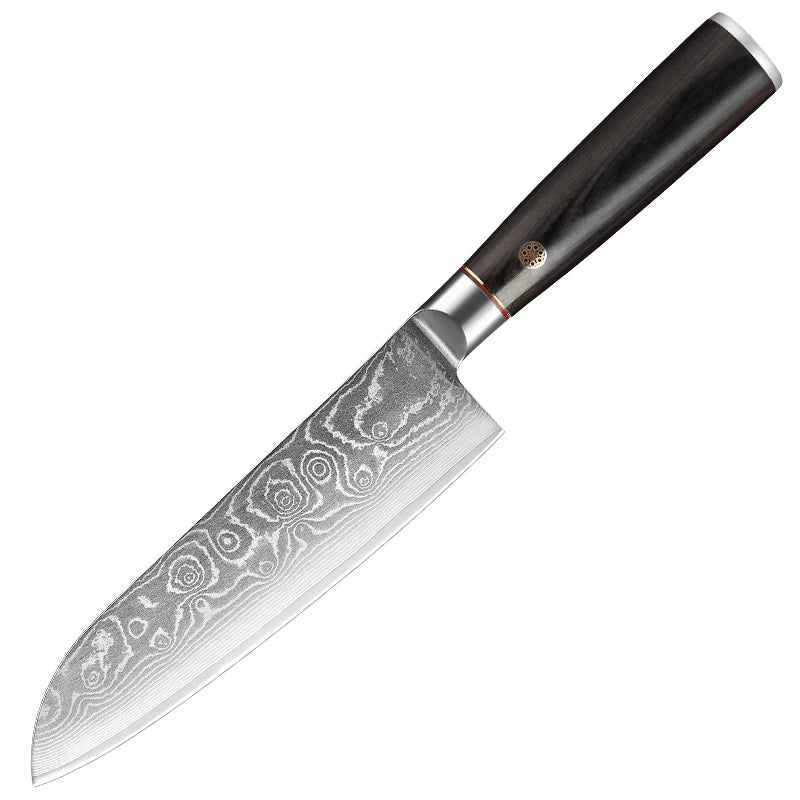 TianJiao YE011 7 Inch Carbon Steel Damascus Santoku Knife 67-Layer Blade Pakka Wood Handle Eco-Friendly Kitchen Knife