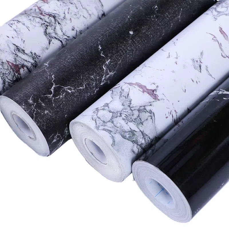 Modern Marble Vinyl Wallpaper Glossy Waterproof Heat Proof Black White Kitchen Countertop Cabinet Self-Adhesive Rolls Kitchen
