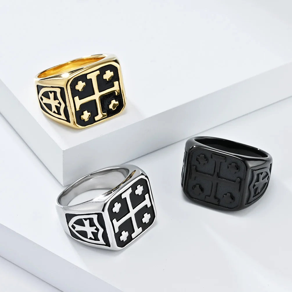 Simple Retro Punk Style Stainless Steel Vintage Religious Jerusalem Cross Rings for Male Hip Hop Biker Rings Jewelry