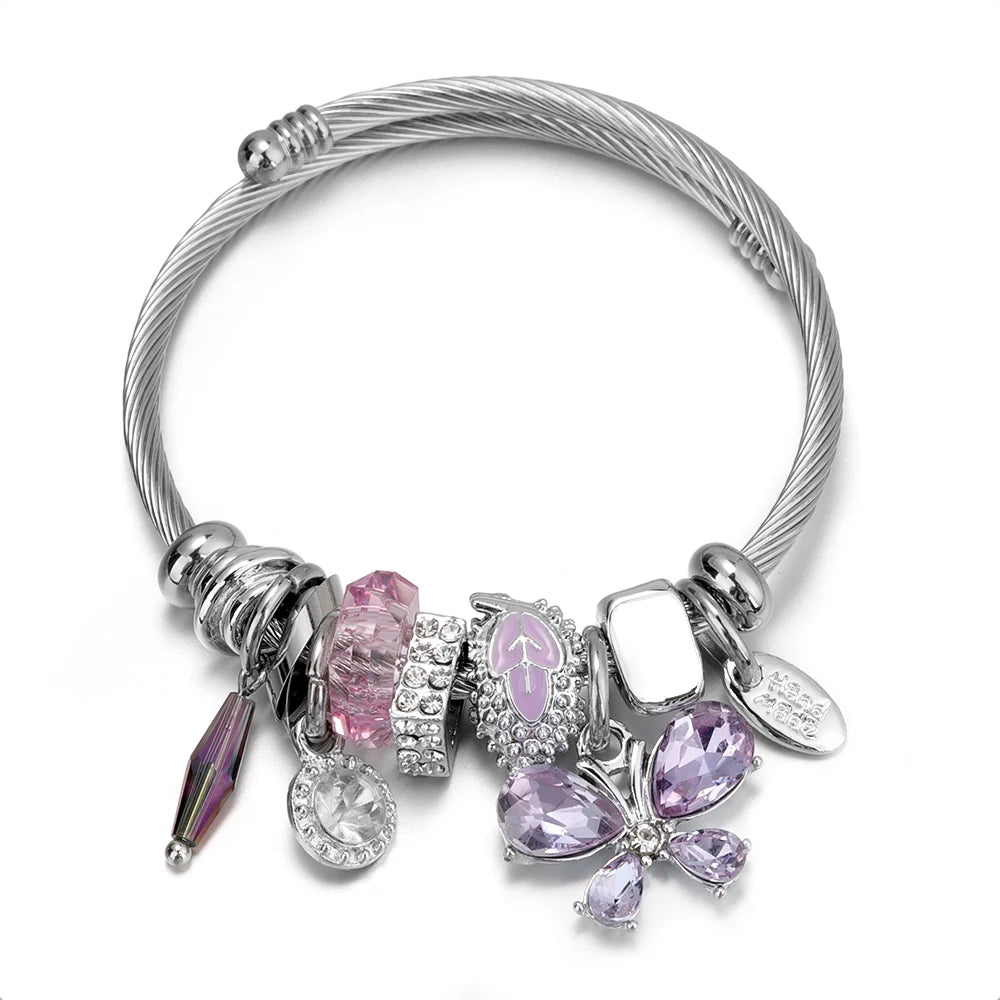Ethnic Diamond Butterfly Stainless Steel Hand Bracelets for Woman Titanium Steel Glazed Glass Crystal Pendant Accessories MegaBDM