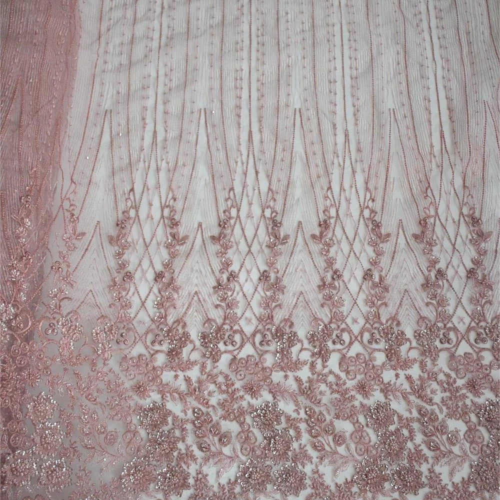 HY0706 Hand Heavy Beads Lace Luxury 3d Pearls Austria Lace Fabric for Nigeria Wedding Party pink Sequins Tulle Lace