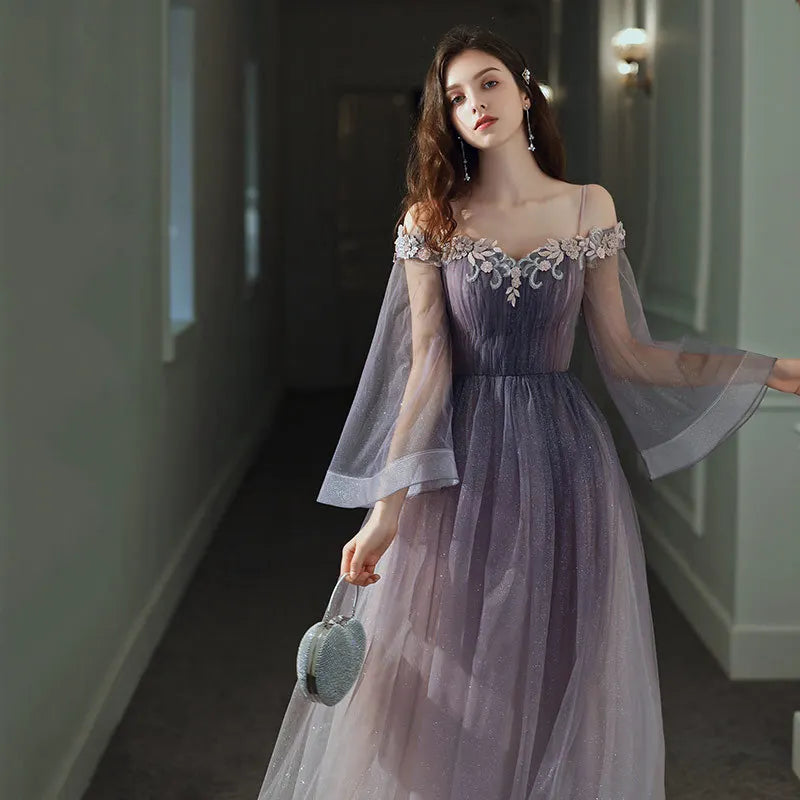 Luxury Off Shoulder Lace Long Sleeve a Line Purple Evening Dress Prom Party Princess Dresses