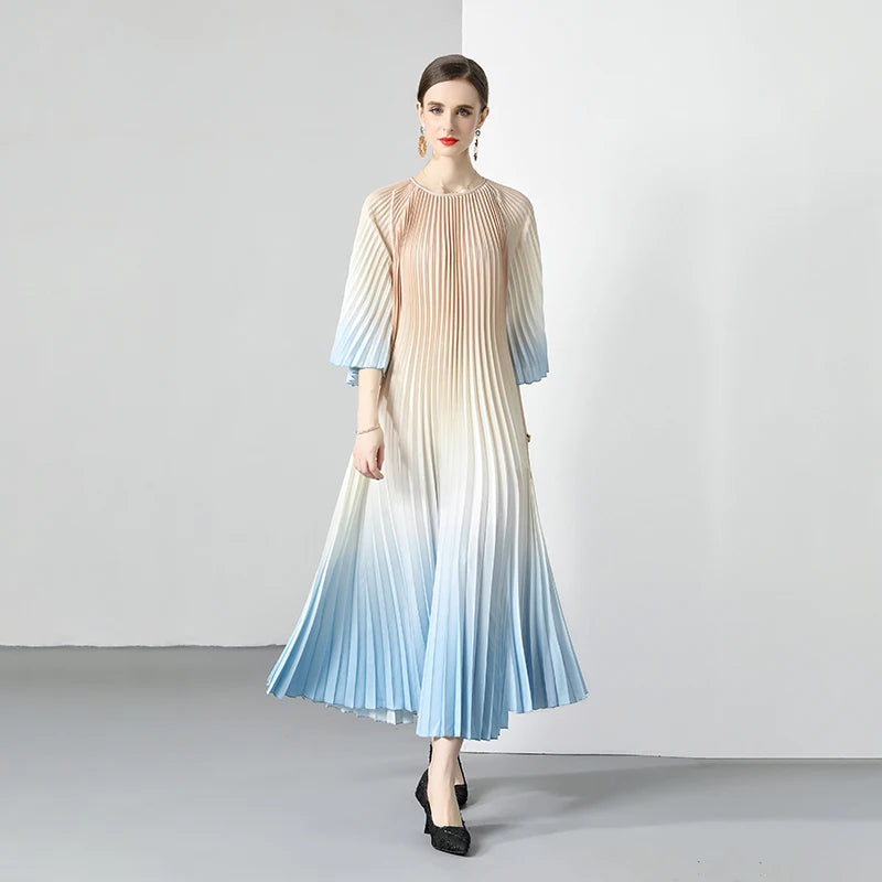 New Summer Women's Floral Ruched Maxi Chiffon Bohemian Loose Gradient Color Hundred Pleats Dress