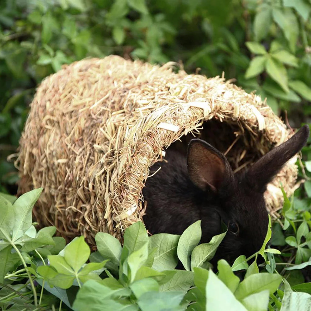 Small Pet Double-Hole Cage Grass Nest with Tunnel - Handwoven Chamber for Hamsters Degus Chinchillas Guinea Pigs