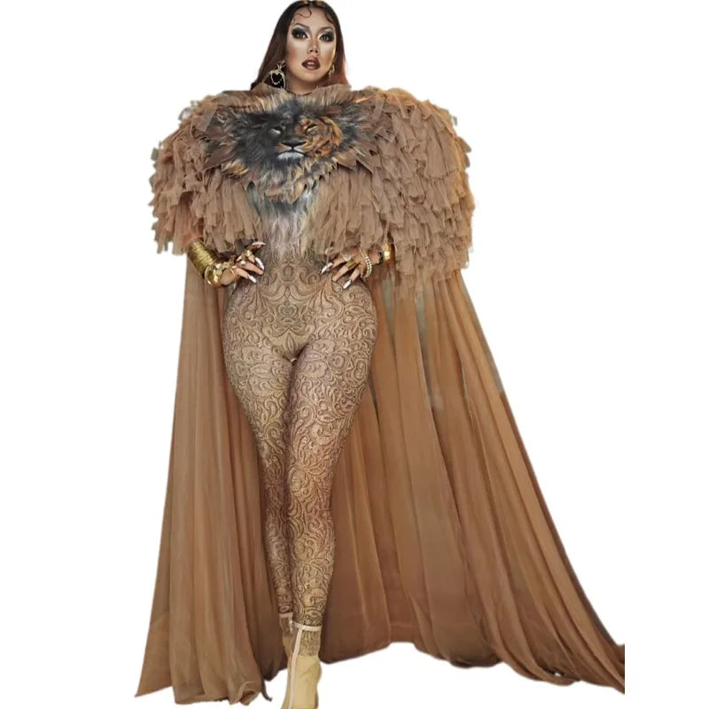 Lion Cosplay Drag Stage Costumes Designer Women Bodycon Print Jumpsuits With Long Cloak Festival Dance Wear Performance Outfits