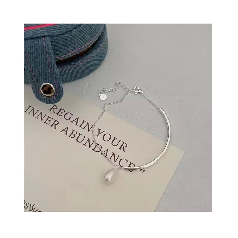 Fashion Link Chain 925 Sterling Silver Freshwater Pearl Curved Bar Bangle & Bracelet Women Fine Jewelry