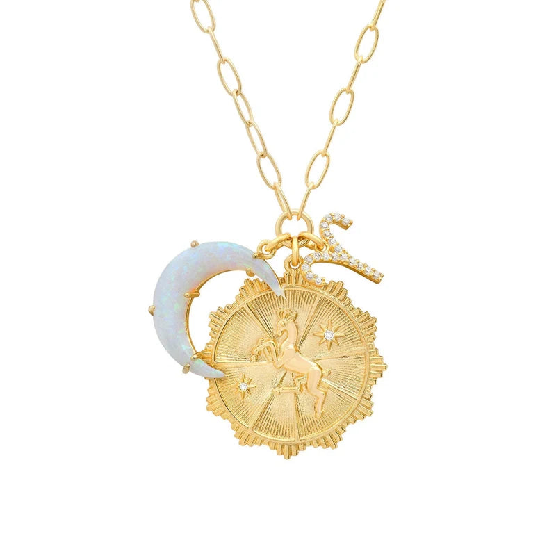 BASQUESUN Factory Wholesale Price Moon Opal Pendant Necklace Trendy Horoscope Zodiac Pendant Necklace