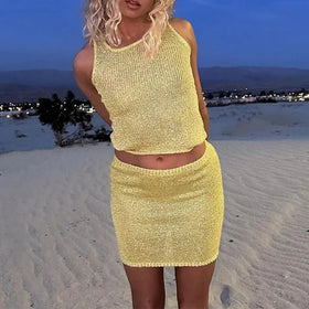 Two-Piece Slim Fit Summer Beach Knitwear Set Halter Collar Y2K Style Sequin Vest and Mini Skirt with Solid Pattern
