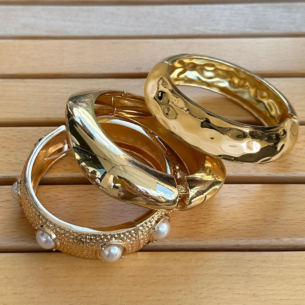 Hip Hop Jewelry Exaggerated Geometric Gold Bracelet Adjustable Peal Hammer Texture Open Bangle Bold Design Women Jewelry Set