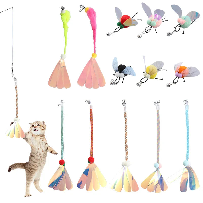Pet Cat Toy Set Glitter Replacement Head Animal Bell Modeling Cat Teaser Toy Stick Interactive Cat Toy