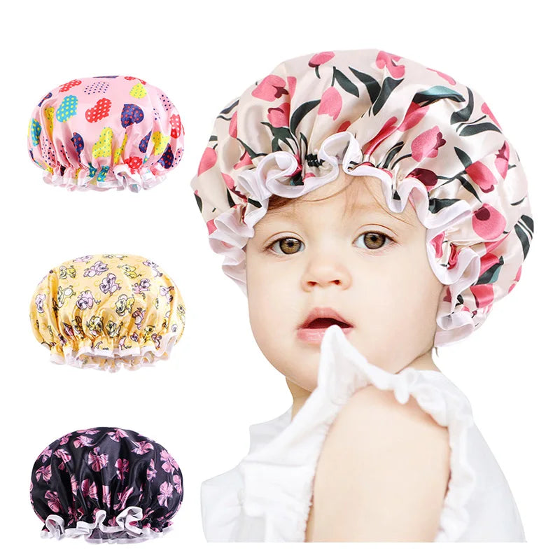 Satin Kids Bonnets High-grade Shower Cap Double Layer Waterproof Hair Care Night Sleep Cap 26cm