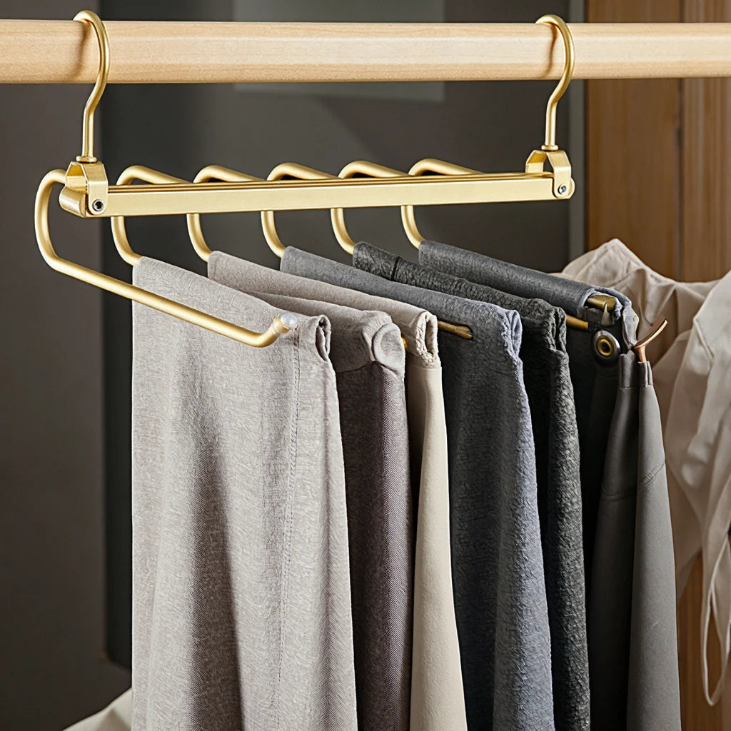 Wholesale 6-in-1 Aluminum Alloy Women's Pants Hanger With 6 Layers Metal Clips for Supermarket Use Clothes Hanging