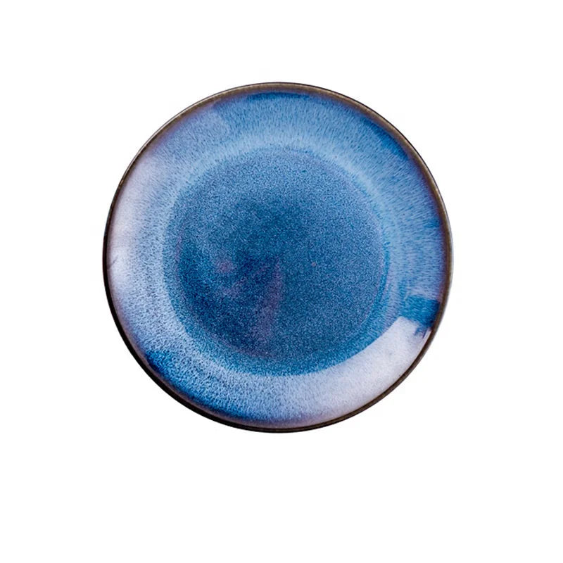 OEM ODM China Factory Wholesale Japanese Style Kiln Change Deep Blue Glazed Color 8" 10" Ceramic Kitchenware Dinner Plate Dishes
