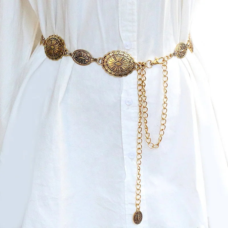 Retro Vintage Oval Ring Metal Waist Chain Fashionable Ladies Skirt Clothes Decoration Belt