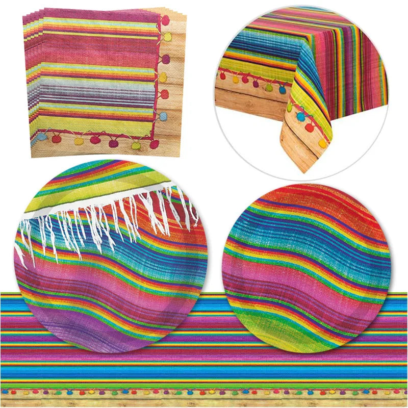 Mexican Taco Tuesday Theme Decorations Cinco De Mayo Serape Fiesta Dinnerware Plates Napkins Table Cover