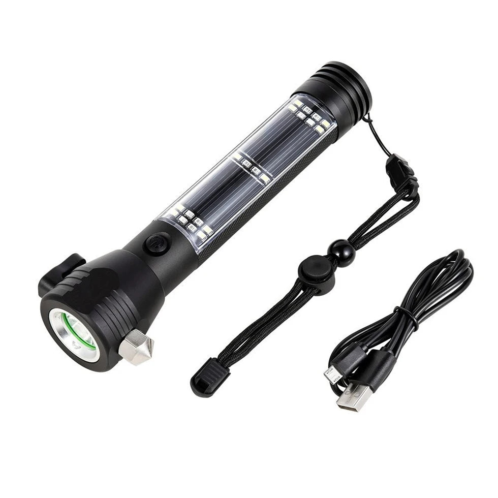 Magnetic USB Rechargeable Torch Light Emergency Long Range LED Flashlight with SOS Light Hammer Cutter Magnet Alarm Compass
