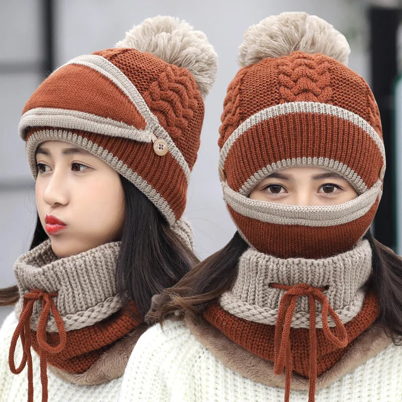 Fashion Thick Colorful Winter Knitted Wool Bennie Bobble Crochet Hat Scarf M-ask for Women