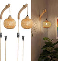Bamboo Lantern Plug in Wall Sconces Wicker Woven Rattan Wall Light Farmhouse Rustic Wall Sconces for Living Room Bedroom