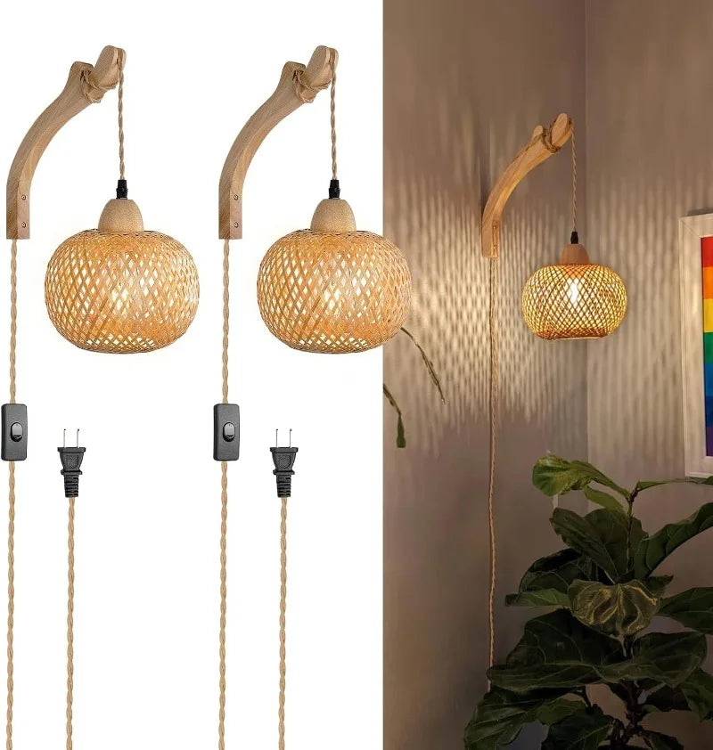 Bamboo Lantern Plug in Wall Sconces Wicker Woven Rattan Wall Light Farmhouse Rustic Wall Sconces for Living Room Bedroom