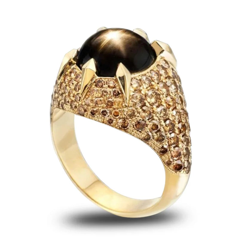 CAOSHI Jewelry Exaggerated Gold Rings Men Women Oval Black Gem Full Diamond Cubic Ring Lady Formal 18k Gold Plated Rings